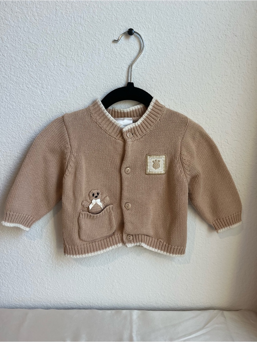 Vintage Nannette Beige Knit Baby Cardigan with Teddy Pocket